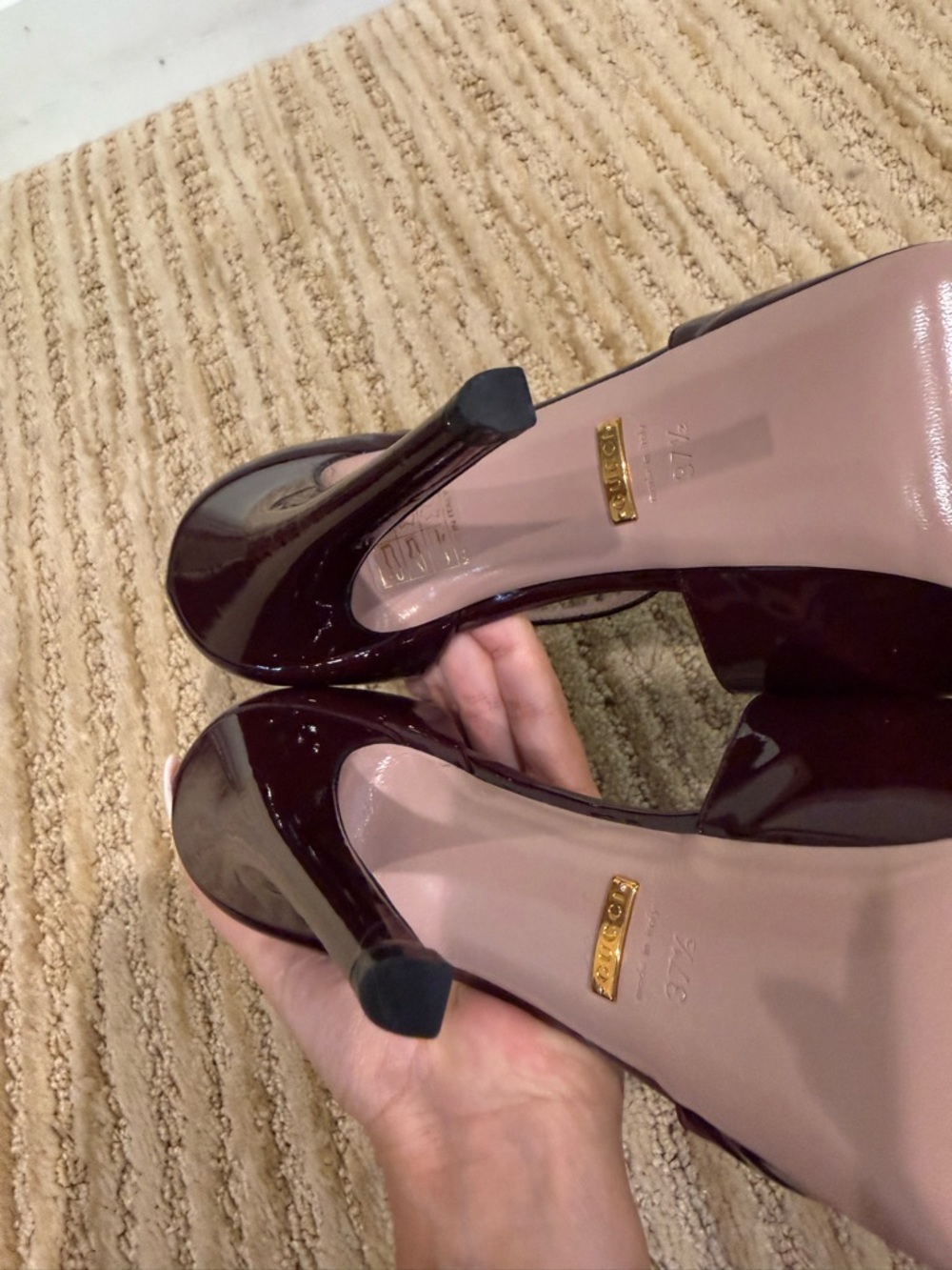 Gucci Patent Leather Peep-Toe Heels in Burgundy - Picture 7 of 8
